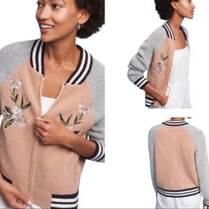 anthropologie maeve varsity embroidered zip-up sweater